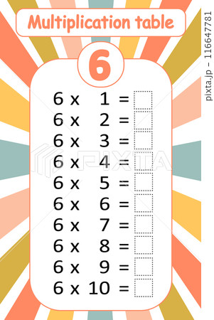 Multiplication table by 6 with a task to consolidate the knowledge of multiplication. Vector illustration Multiplication table by 6 with a task to consolidate the knowledge of multiplication. Vector illustration 116647781