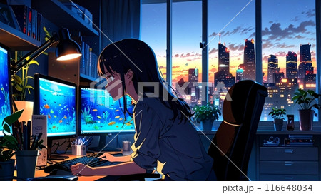 熱帯魚をモニター観賞する女の子 116648034
