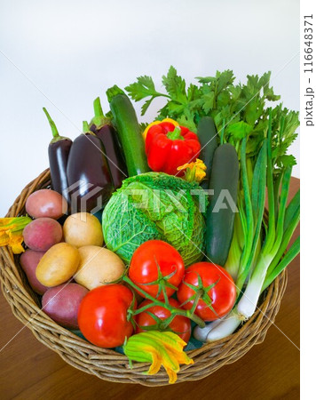 Flat lay and close up assortment of freshly picked vegetable. Vegetables background. Selective focus Flat lay and close up assortment of freshly picked vegetable. Vegetables background. Selective focus 116648371