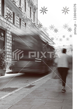 Blur black and white photograph of an urban street in the big city of Genoa Italy and inhabitants. City life. Blur black and white photograph of an urban street in the big city of Genoa Italy and inhabitants. City life. 116648376