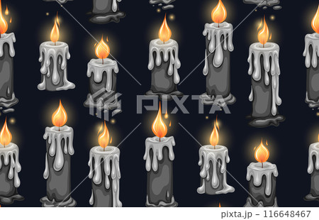 Gloomy vector pattern with black candles on a dark background. Mystical texture with wax candles for wrapping paper. Gloomy vector pattern with black candles on a dark background. Mystical texture with wax candles for wrapping paper. 116648467