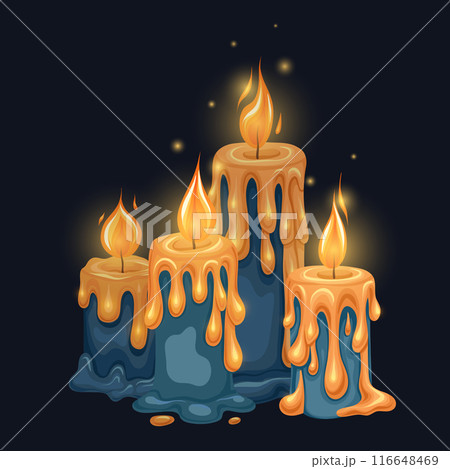 Vector illustration of a candle composition on a dark background. Religious wax candles with sparks 116648469