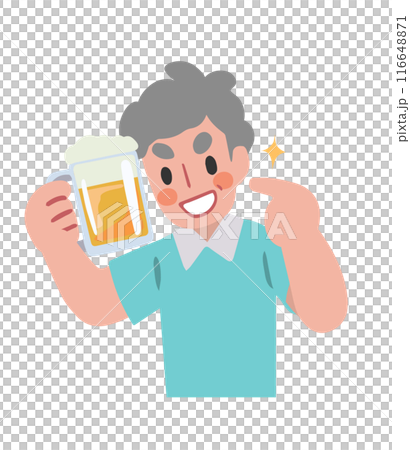 片手にビールを持ち、指さすシニア男性のイラスト 116648871
