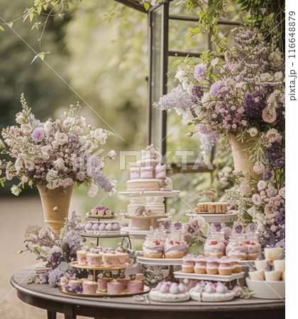Wedding table decoration with lavender flowers, sweets, cake and candles Wedding table decoration with lavender flowers, sweets, cake and candles 116648879