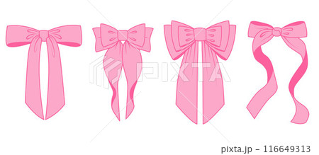 Ribbon bow for hair. Cute pink vector tie with knot for gift. Girly flat accessories illustrations set for birthday holiday. Cartoon fashion elements for decoration. Romantic vintage collection 116649313