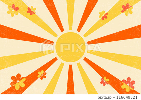Sunny retro background with radial rays and daisy flowers. Vector bright 70s abstract poster with beams. Groovy vintage design illustration. Color old paper grunge texture banner 116649321