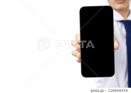 A girl is holding a black phone 116649354