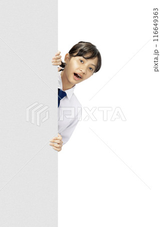 A girl is looking through a white board A girl is looking through a white board 116649363