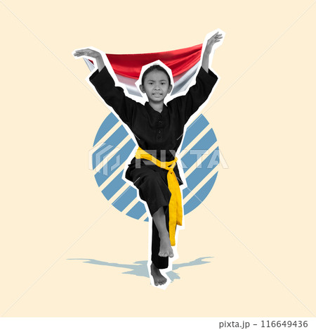 Little girl practicing martial arts with Indonesia flag behind it Little girl practicing martial arts with Indonesia flag behind it 116649436