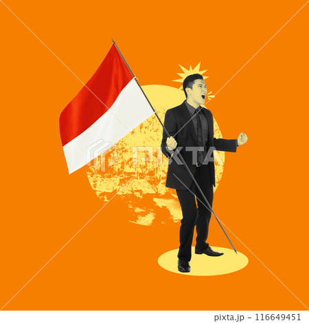 Businessman standing with excited expression while holding the Indonesia flag Businessman standing with excited expression while holding the Indonesia flag 116649451