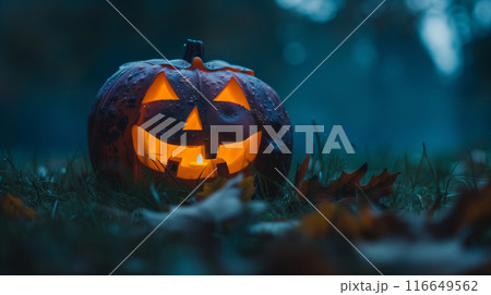 薄暗い森に置かれた大きなカボチャランタンをリアルに描いたAI生成画像 116649562