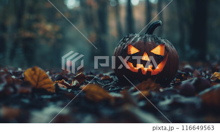 薄暗い森に置かれた大きなカボチャランタンをリアルに描いたAI生成画像 116649563
