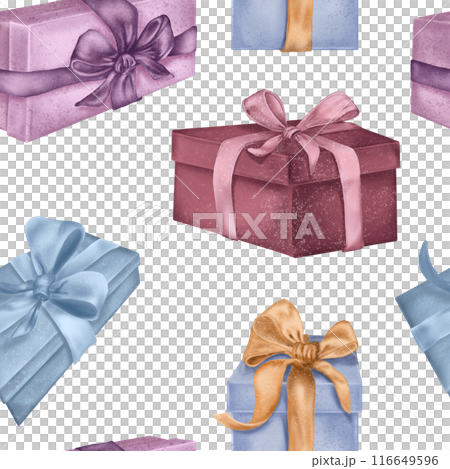 Holiday gift boxes in watercolor on seamless pattern isolated on white. Various present boxes with ribbons hand drawn. Repeating pattern for new year design wrapping, holiday, birthday package 116649596