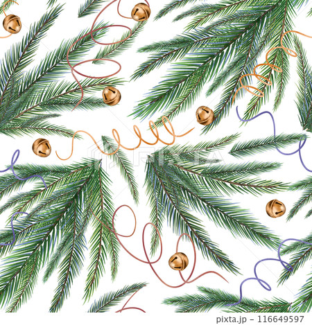 Spruce branches on seamless watercolor pattern isolated on white. Christmas endless background with coniferous plants and bells hand drawn. Festive pattern for wrapping paper, wallpapers, and package. 116649597