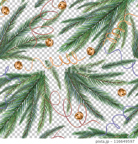 Spruce branches on seamless watercolor pattern isolated on white. Christmas endless background with coniferous plants and bells hand drawn. Festive pattern for wrapping paper, wallpapers, and package. 116649597