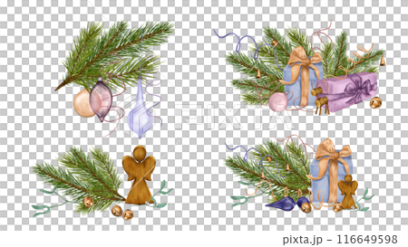 Christmas compositions set of gift boxes, wooden toys in watercolor illustration isolated on white. Pine branches, angel, bells hand drawn. Elements for New Year holiday 2025, greeting design. Christmas compositions set of gift boxes, wooden toys in watercolor illustration isolated on white. Pine branches, angel, bells hand drawn. Elements for New Year holiday 2025, greeting design. 116649598