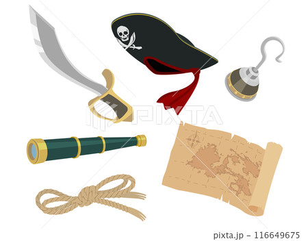 海賊の帽子や剣とフックと地図のイラスト 海賊の帽子や剣とフックと地図のイラスト 116649675