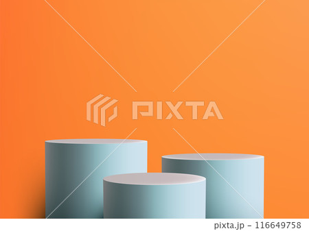 3D Blue Cylinders Stand Podium on Bright Orange Background for Modern Style Product Display 116649758