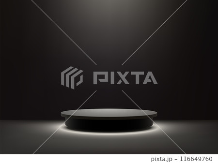 Modern 3D Black Podium with Spotlight in a Dark Room, Ideal for Product Display, Mockup, Showroom Modern 3D Black Podium with Spotlight in a Dark Room, Ideal for Product Display, Mockup, Showroom 116649760