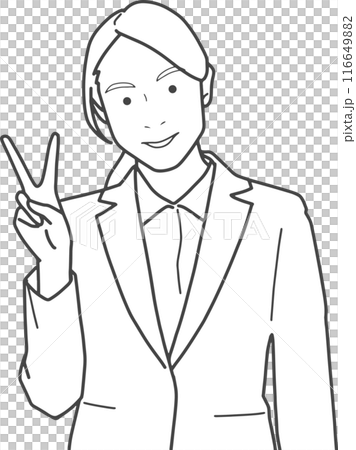Business woman making a peace sign (line drawing) 116649882