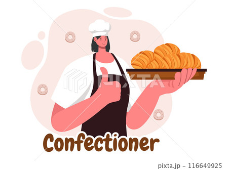 Confectioner Vector Illustration featuring a Chef Wearing an Apron Preparing Desserts, Sweet Products, and Pastries in a Flat Style Cartoon Background 116649925