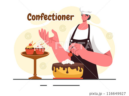 Confectioner Vector Illustration featuring a Chef Wearing an Apron Preparing Desserts, Sweet Products, and Pastries in a Flat Style Cartoon Background 116649927