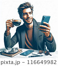 コーヒーを飲みながらスマホを見る男性 116649982