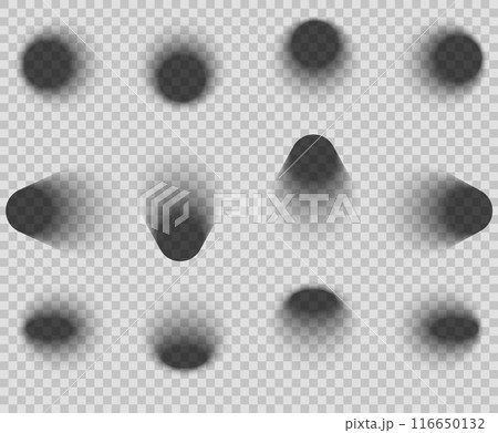 Vector set of realistic transparent circle and oval shadows isolated from background. Clipart shadow overlay effect 116650132