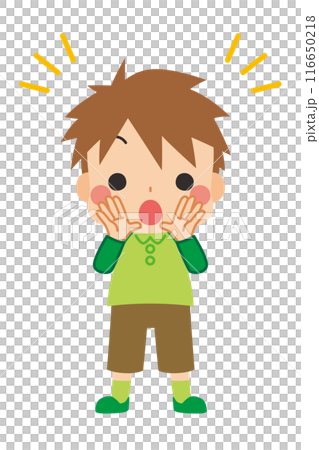 Illustration of a cute boy shouting something loudly, full body, white background, clip art, vector 116650218