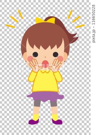 Illustration of a cute girl shouting something loudly, full body, white background, clip art, vector 116650228
