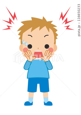 大声で危険を呼びかける可愛い男の子のイラスト　全身　白背景　クリップアート　ベクター 116650233