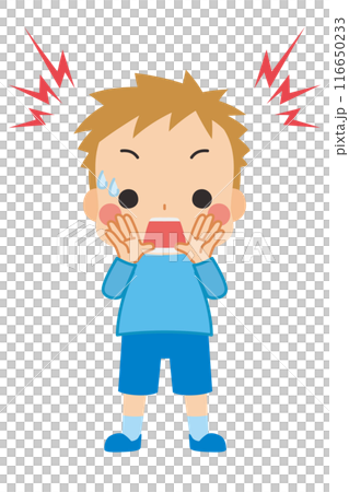 大声で危険を呼びかける可愛い男の子のイラスト　全身　白背景　クリップアート　ベクター 116650233