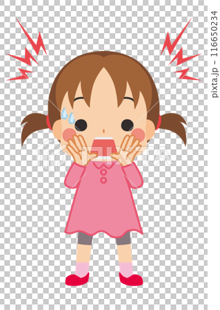 一個可愛的女孩大聲呼喚危險的插圖，全身，白色背景，剪貼畫，向量 116650234