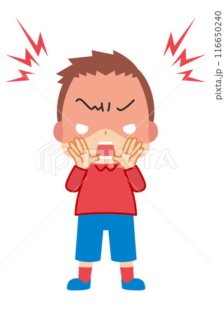 怒って大声で注意する可愛い男の子のイラスト　全身　白背景　クリップアート　ベクター 116650240