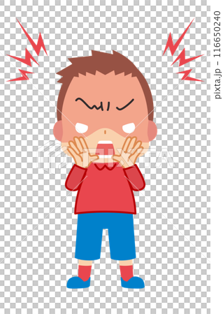 一個可愛的男孩生氣並大聲警告的插圖，全身，白色背景，剪貼畫，向量 116650240