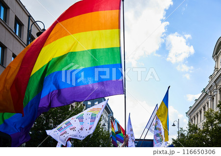 Pride Parade Flags. A vibrant scene featuring a pride flag 116650306