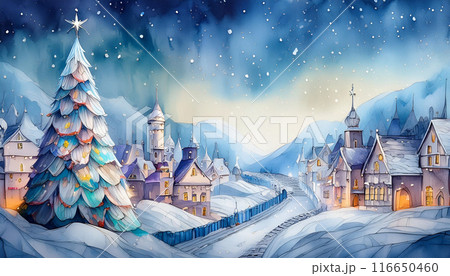 クリスマスの夜の雪景色,Generative AI,AI画像 116650460