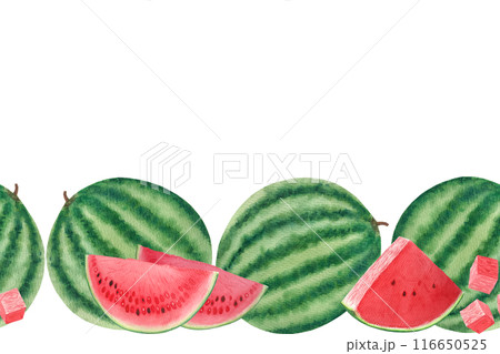 Watermelon whole and juicy slices, cubes seamless border. Watercolor isolated on white background, hand drawn for food design. Packages, juice, smoothie, menu, organic food, ice cream label, drinks Watermelon whole and juicy slices, cubes seamless border. Watercolor isolated on white background, hand drawn for food design. Packages, juice, smoothie, menu, organic food, ice cream label, drinks 116650525