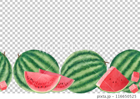 Watermelon whole and juicy slices, cubes seamless border. Watercolor isolated on white background, hand drawn for food design. Packages, juice, smoothie, menu, organic food, ice cream label, drinks Watermelon whole and juicy slices, cubes seamless border. Watercolor isolated on white background, hand drawn for food design. Packages, juice, smoothie, menu, organic food, ice cream label, drinks 116650525