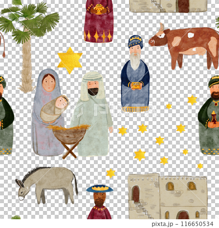 Christmas nativity scene seamless pattern in...-插圖素材 [116650534] - PIXTA圖庫