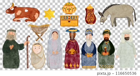 Christmas nativity set in watercolor isolated on white. Mary with baby and Joseph, shepherd, magi, animals. Illustration for advent calendar, banners, wrapping paper, textile, stickers, posters design Christmas nativity set in watercolor isolated on white. Mary with baby and Joseph, shepherd, magi, animals. Illustration for advent calendar, banners, wrapping paper, textile, stickers, posters design 116650536