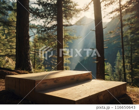 Product empty podium with mountain forest view on a sunny day  116650643