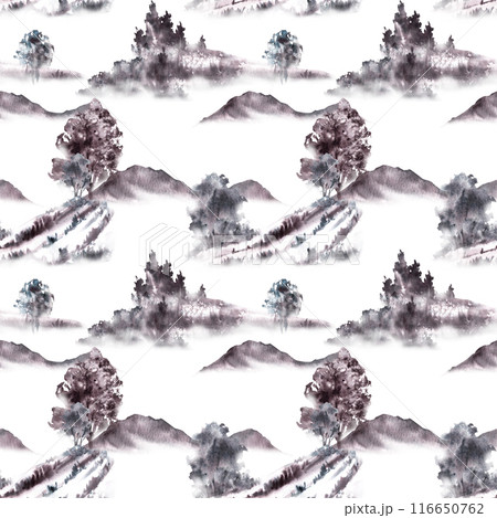Watercolor landscape mountains, trees, bushes in the meadow and hills. Seamless pattern. Monochromatic grey black foggy nature for wallpaper, fabric Hand draw illustration on isolated white background Watercolor landscape mountains, trees, bushes in the meadow and hills. Seamless pattern. Monochromatic grey black foggy nature for wallpaper, fabric Hand draw illustration on isolated white background 116650762
