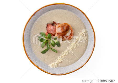 Cream of mushroom soup with bacon on a white background studio food photo 1 Cream of mushroom soup with bacon on a white background studio food photo 1 116651567
