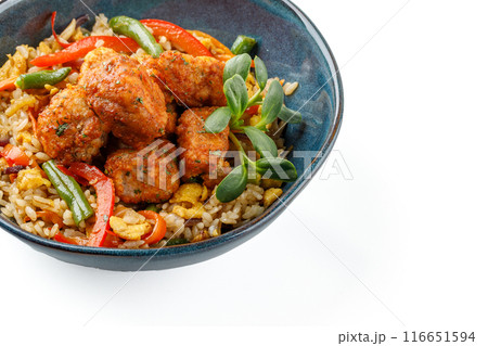 Hibachi rice with kimchi pork on a white background studio food photo 1 Hibachi rice with kimchi pork on a white background studio food photo 1 116651594