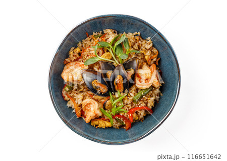 Hibachi rice with seafood on white background studio food photo 3 Hibachi rice with seafood on white background studio food photo 3 116651642