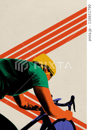 Poster. Contemporary art collage. Focused on win cyclist ride bike intensively against beige background with dynamic lines symbolizing finish. Poster. Contemporary art collage. Focused on win cyclist ride bike intensively against beige background with dynamic lines symbolizing finish. 116651790