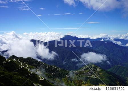 Skyline Landscape view of Old Silk Route Zig Zag Road with Himalayan Mountain Range in Background Skyline Landscape view of Old Silk Route Zig Zag Road with Himalayan Mountain Range in Background 116651792