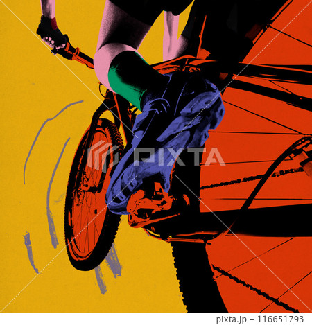 Poster. Contemporary art collage. Leg of cyclist stands on pedal, rider ready to start marathon. Half tone effect. Vibrant palette. Poster. Contemporary art collage. Leg of cyclist stands on pedal, rider ready to start marathon. Half tone effect. Vibrant palette. 116651793
