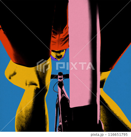 Poster. Contemporary art collage. View from between legs when rider on bicycle riding to victory. Vibrant color palette. Poster. Contemporary art collage. View from between legs when rider on bicycle riding to victory. Vibrant color palette. 116651795